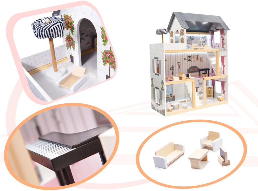Ikonka MDF medinis lėlių namelis + baldai 78cm juodas LED