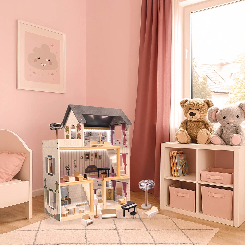 Ikonka MDF medinis lėlių namelis + baldai 78cm juodas LED