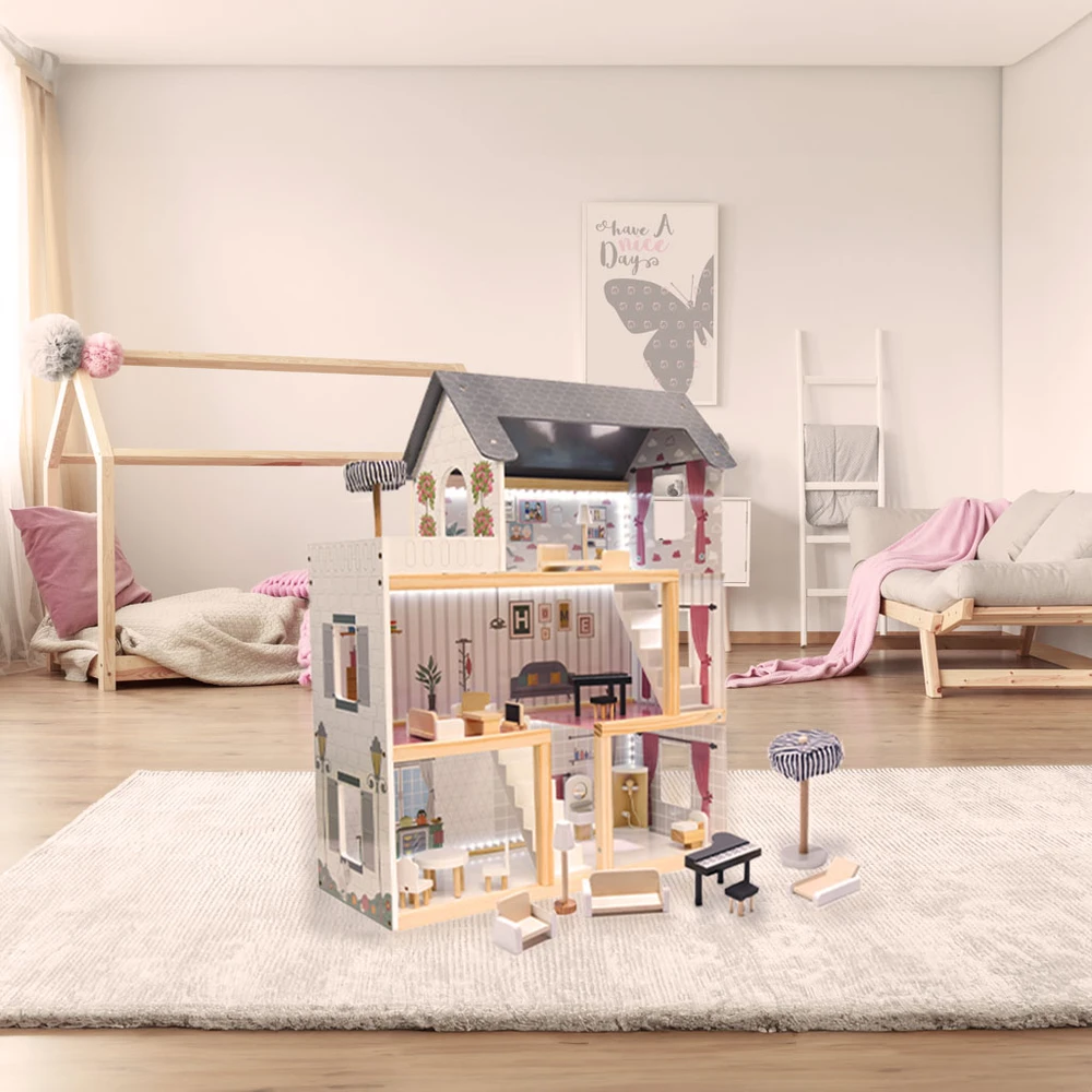 Ikonka MDF medinis lėlių namelis + baldai 78cm juodas LED