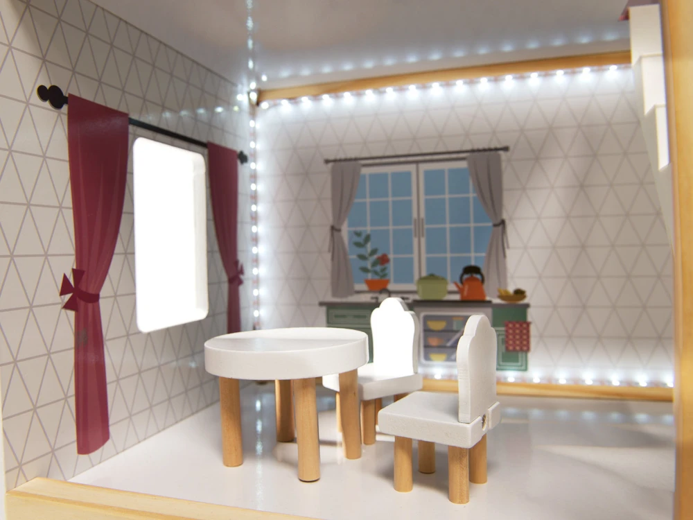 Ikonka MDF medinis lėlių namelis + baldai 78cm juodas LED