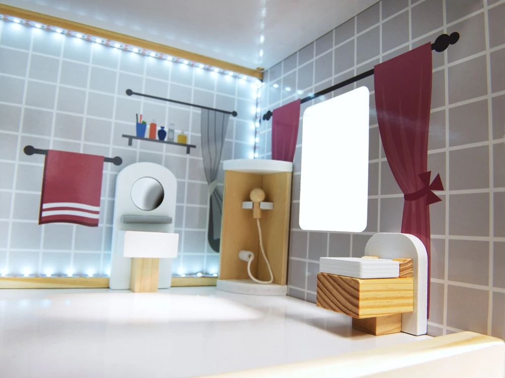 Ikonka MDF medinis lėlių namelis + baldai 78cm juodas LED