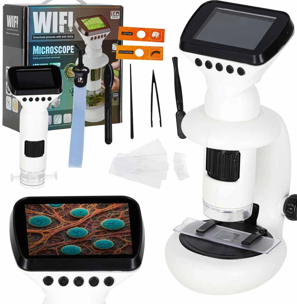 Ikonka Skaitmeninis elektroninis mikroskopas wifi USB ekranas LCD 200x 1000x priedai