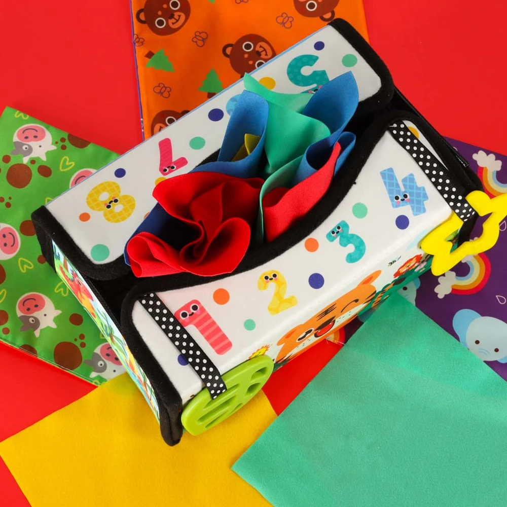 Ikonka Montessori sensorinis žaislas „Chusteczek dėžutė“ su kilimėliu 2in1
