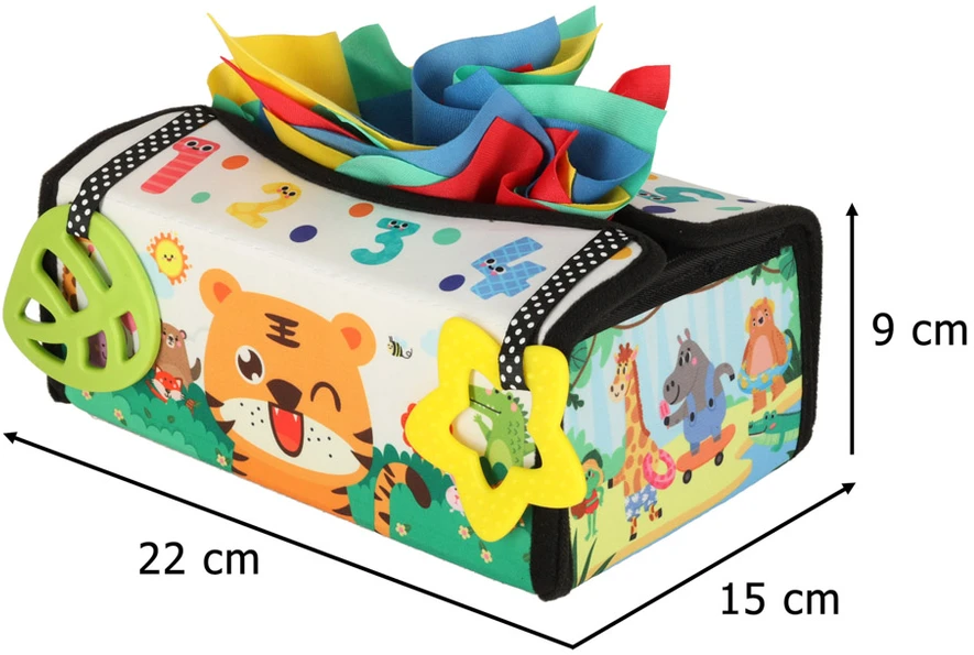 Ikonka Montessori sensorinis žaislas „Chusteczek dėžutė“ su kilimėliu 2in1