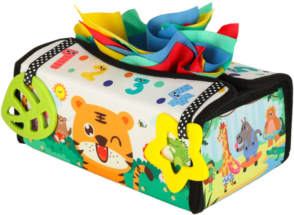 Ikonka Montessori sensorinis žaislas „Chusteczek dėžutė“ su kilimėliu 2in1