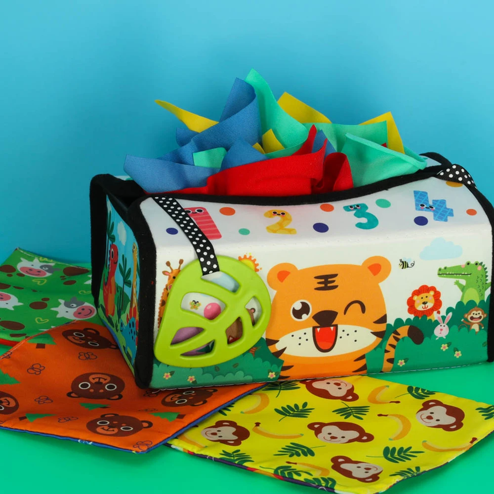 Ikonka Montessori sensorinis žaislas „Chusteczek dėžutė“ su kilimėliu 2in1