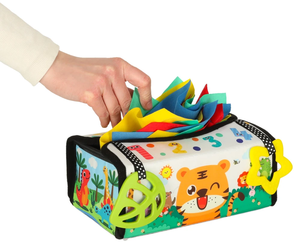 Ikonka Montessori sensorinis žaislas „Chusteczek dėžutė“ su kilimėliu 2in1