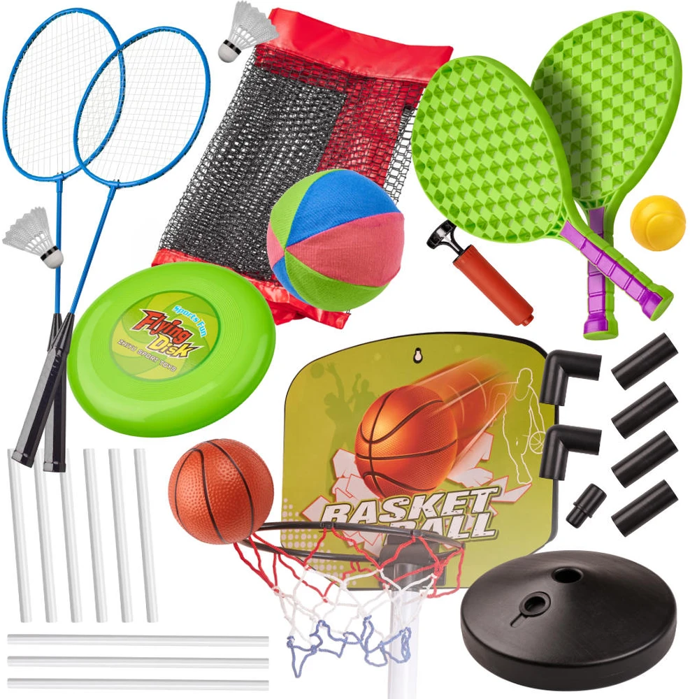 Ikonka Sporto rinkinys 5in1 badmintonas krepšinis tinklinis tenisas frisbis