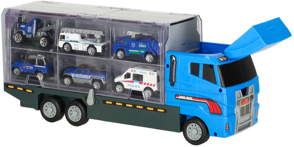 Ikonka Transporterio sunkvežimis TIR paleidimo įrenginys + metaliniai policijos automobiliai