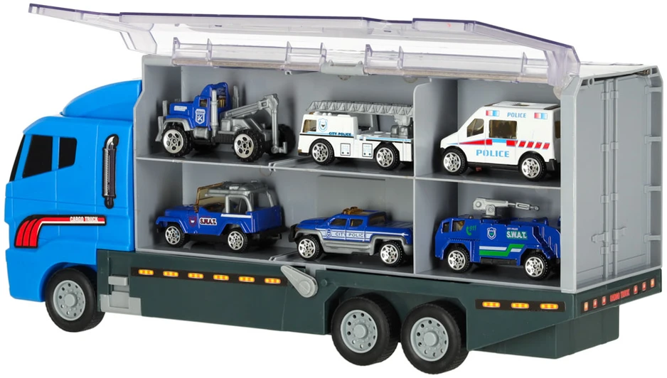 Ikonka Transporterio sunkvežimis TIR paleidimo įrenginys + metaliniai policijos automobiliai
