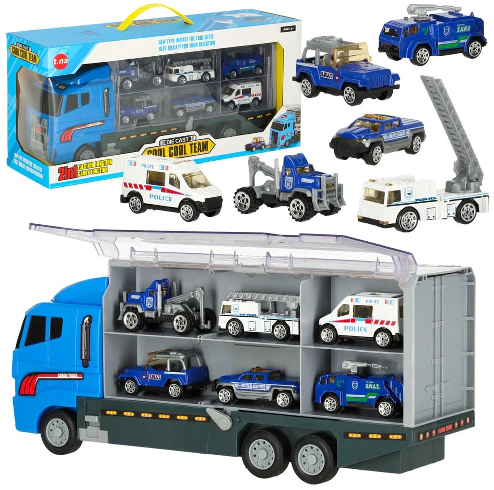 Ikonka Transporterio sunkvežimis TIR paleidimo įrenginys + metaliniai policijos automobiliai