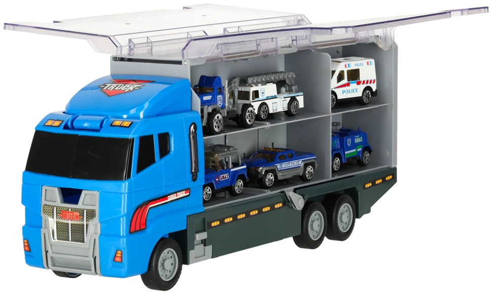 Ikonka Transporterio sunkvežimis TIR paleidimo įrenginys + metaliniai policijos automobiliai