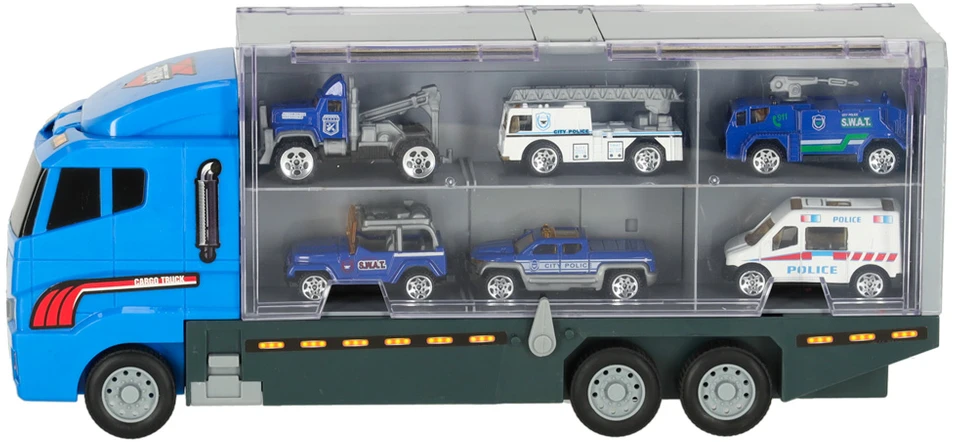 Ikonka Transporterio sunkvežimis TIR paleidimo įrenginys + metaliniai policijos automobiliai