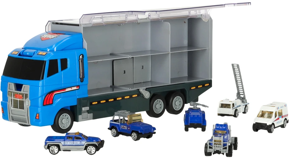 Ikonka Transporterio sunkvežimis TIR paleidimo įrenginys + metaliniai policijos automobiliai