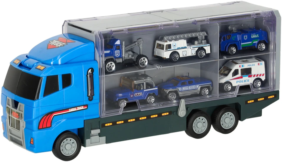 Ikonka Transporterio sunkvežimis TIR paleidimo įrenginys + metaliniai policijos automobiliai