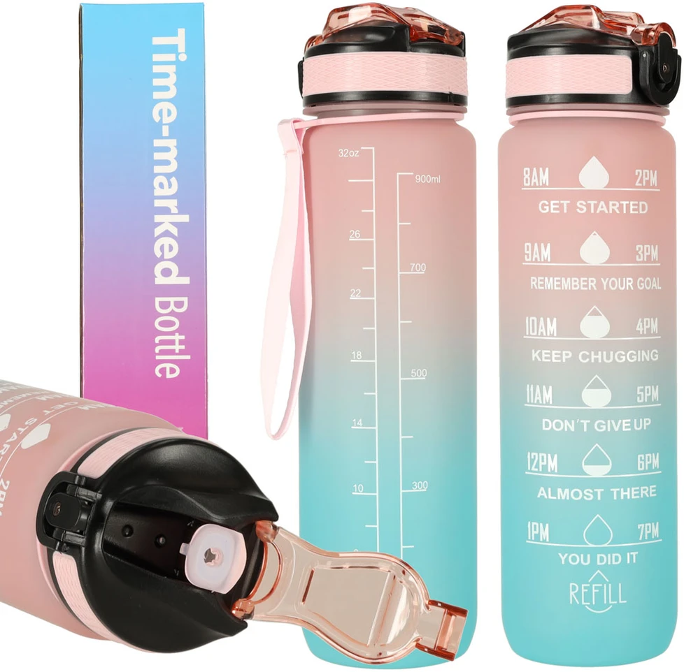 Ikonka Gertuvė su šiaudeliu ir laiko gradacija, 1000 ml, rožinė su mėlyna