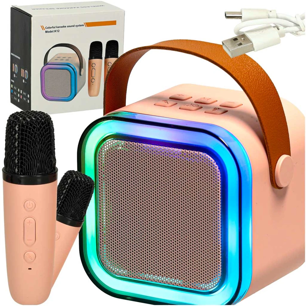Ikonka Karaokės rinkinys 2 mikrofonai + nešiojamas garsiakalbis BLUETOOTH USB LED rožinis