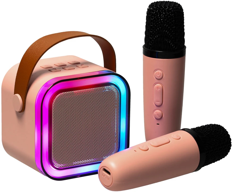 Ikonka Karaokės rinkinys 2 mikrofonai + nešiojamas garsiakalbis BLUETOOTH USB LED rožinis