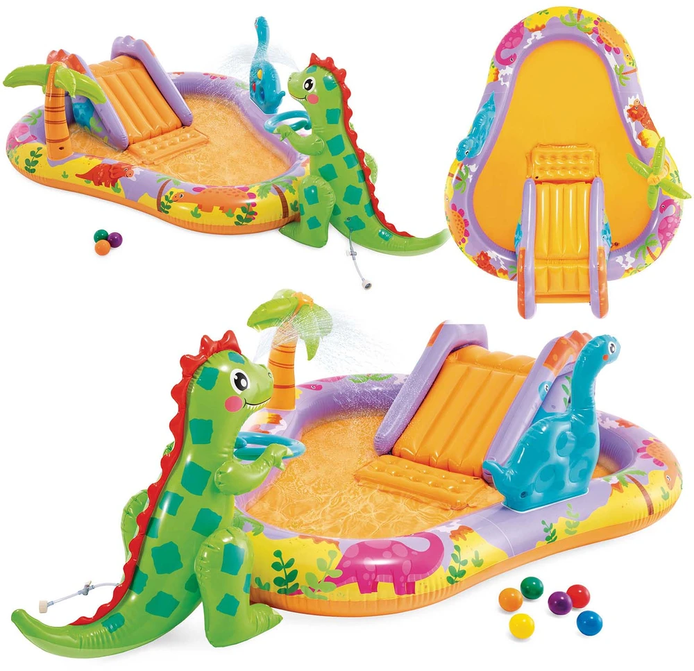 Pripučiamas vaikų baseinas su čiuožykla ir fontanu Dinozauras INTEX 56139 201x157x69 cm