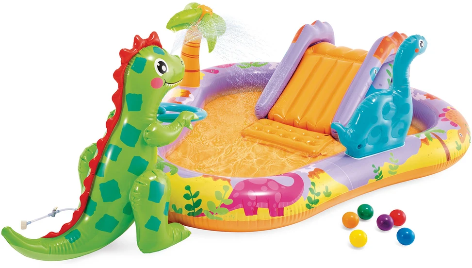 Pripučiamas vaikų baseinas su čiuožykla ir fontanu Dinozauras INTEX 56139 201x157x69 cm