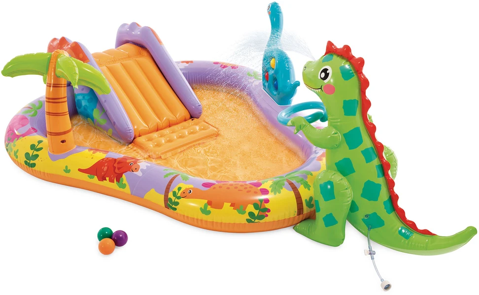 Pripučiamas vaikų baseinas su čiuožykla ir fontanu Dinozauras INTEX 56139 201x157x69 cm