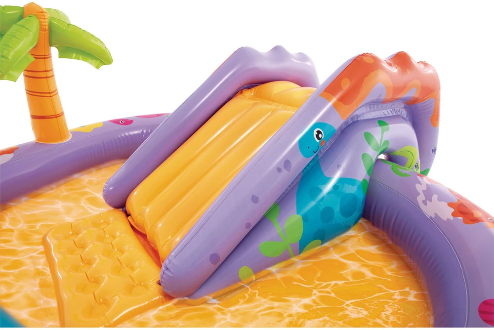 Pripučiamas vaikų baseinas su čiuožykla ir fontanu Dinozauras INTEX 56139 201x157x69 cm