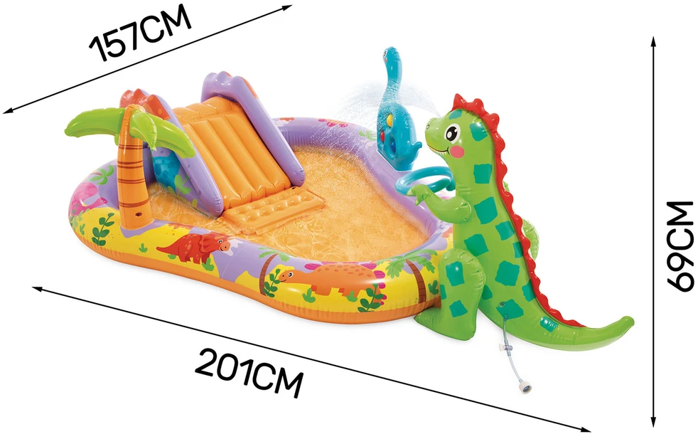 Pripučiamas vaikų baseinas su čiuožykla ir fontanu Dinozauras INTEX 56139 201x157x69 cm