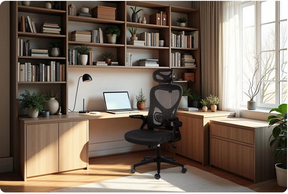 Sofotel Biuro kėdė su tinkliniu atlošu, reguliuojama galvos atrama, ergonomiško dizaino, juoda kompiuterio kėdė, patogi darbo kėdė