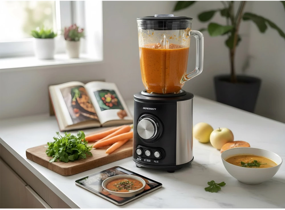 Juodas BD-751 Berdsen stiklinis trintuvas smoothie kokteiliams ir ledui, 1,5 l, 800 W