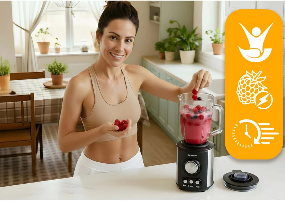 Juodas BD-751 Berdsen stiklinis trintuvas smoothie kokteiliams ir ledui, 1,5 l, 800 W