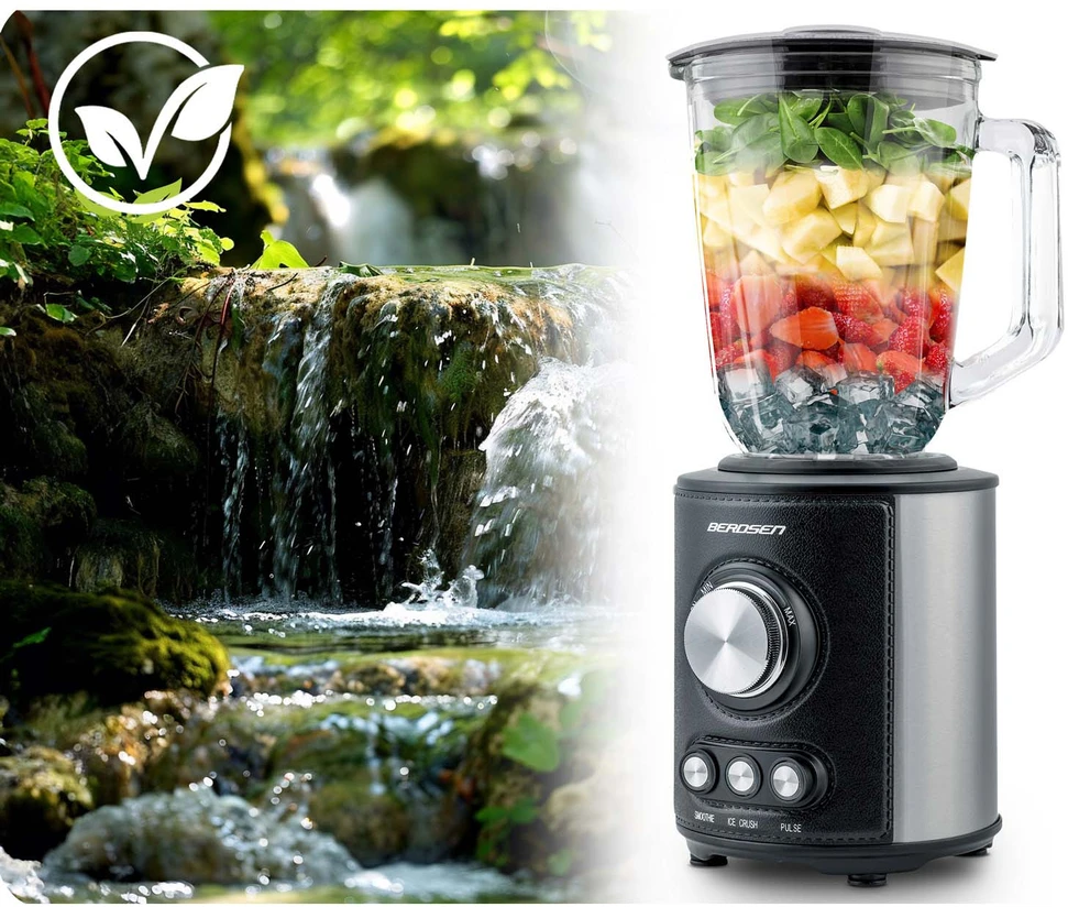 Juodas BD-751 Berdsen stiklinis trintuvas smoothie kokteiliams ir ledui, 1,5 l, 800 W