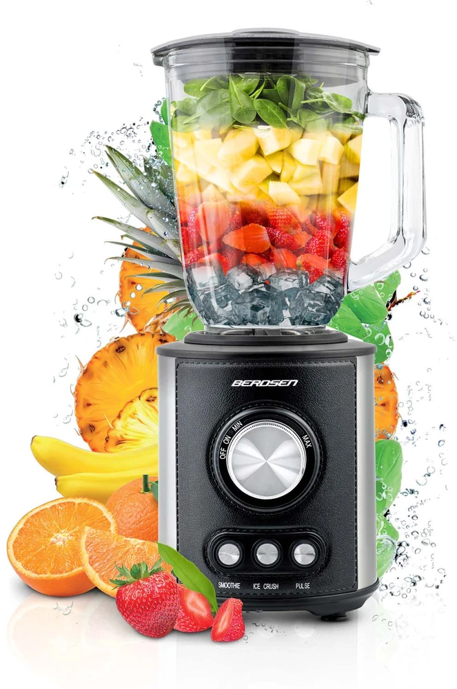 Juodas BD-751 Berdsen stiklinis trintuvas smoothie kokteiliams ir ledui, 1,5 l, 800 W