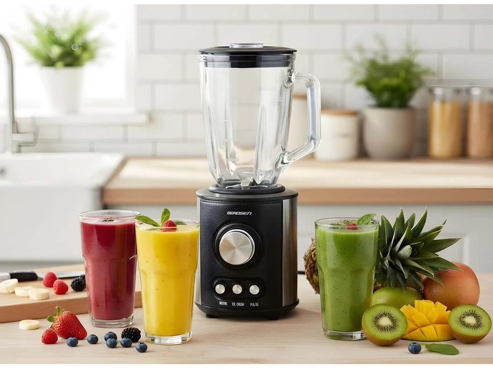 Juodas BD-751 Berdsen stiklinis trintuvas smoothie kokteiliams ir ledui, 1,5 l, 800 W