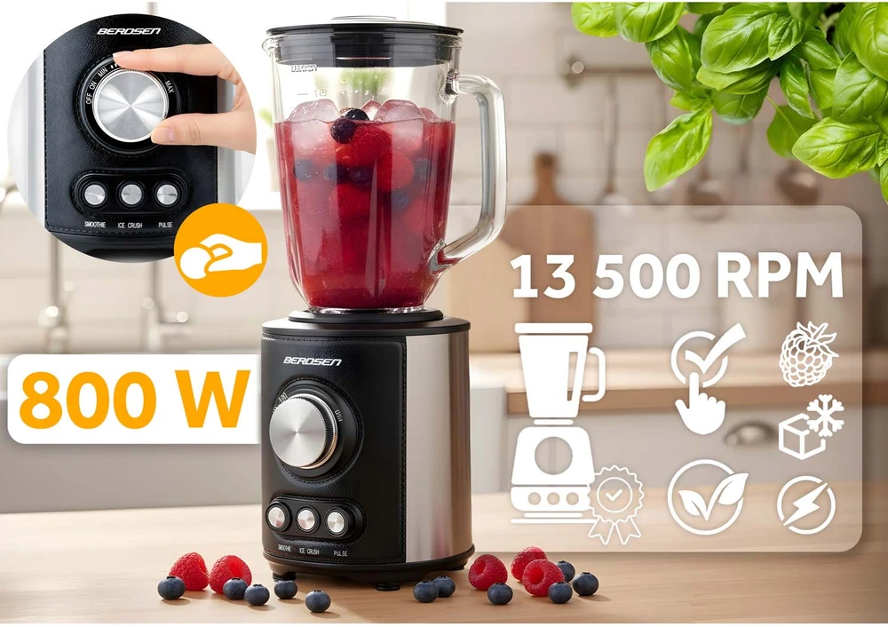 Juodas BD-751 Berdsen stiklinis trintuvas smoothie kokteiliams ir ledui, 1,5 l, 800 W