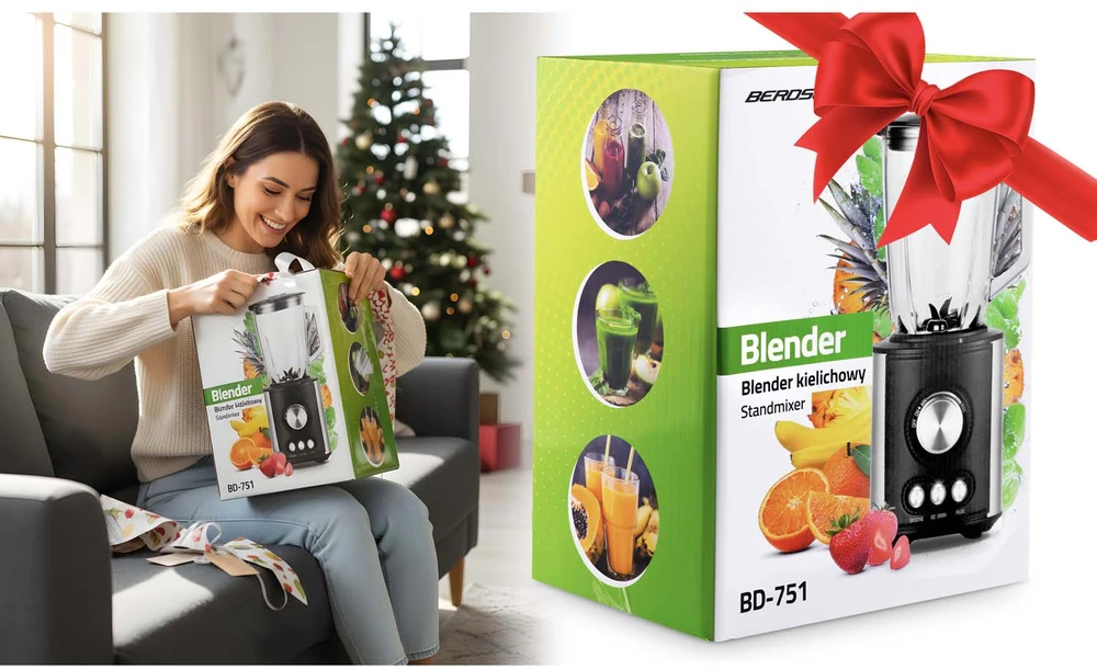 Juodas BD-751 Berdsen stiklinis trintuvas smoothie kokteiliams ir ledui, 1,5 l, 800 W