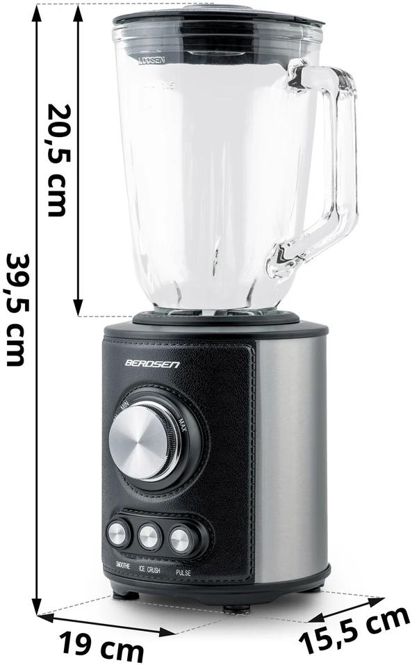 Juodas BD-751 Berdsen stiklinis trintuvas smoothie kokteiliams ir ledui, 1,5 l, 800 W