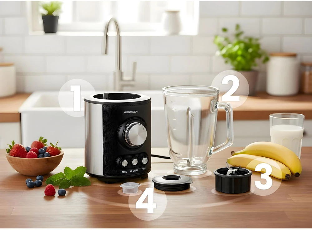 Juodas BD-751 Berdsen stiklinis trintuvas smoothie kokteiliams ir ledui, 1,5 l, 800 W