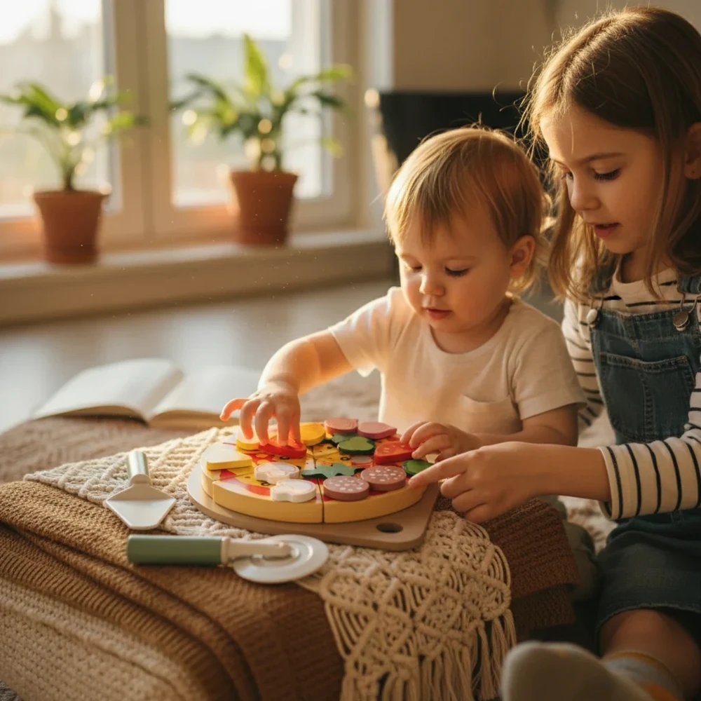 Kabi Medinė edukacinė picos rinkinys su pjaustykle ir priedais, vaikams nuo 3 metų, spalvotas
