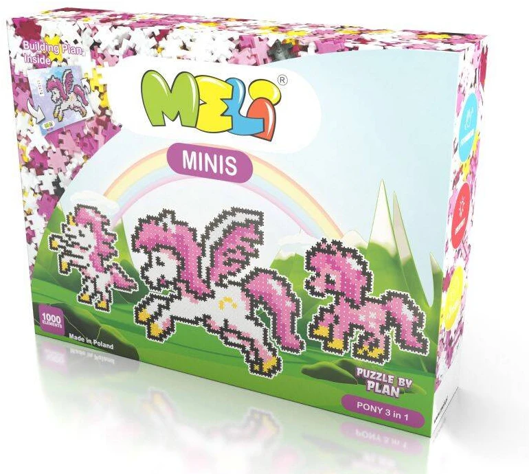 Konstruktorių rinkinys Meli Minis Pony 3in1 su 1000 dalių, vaikams nuo 3 metų, pastelinė
