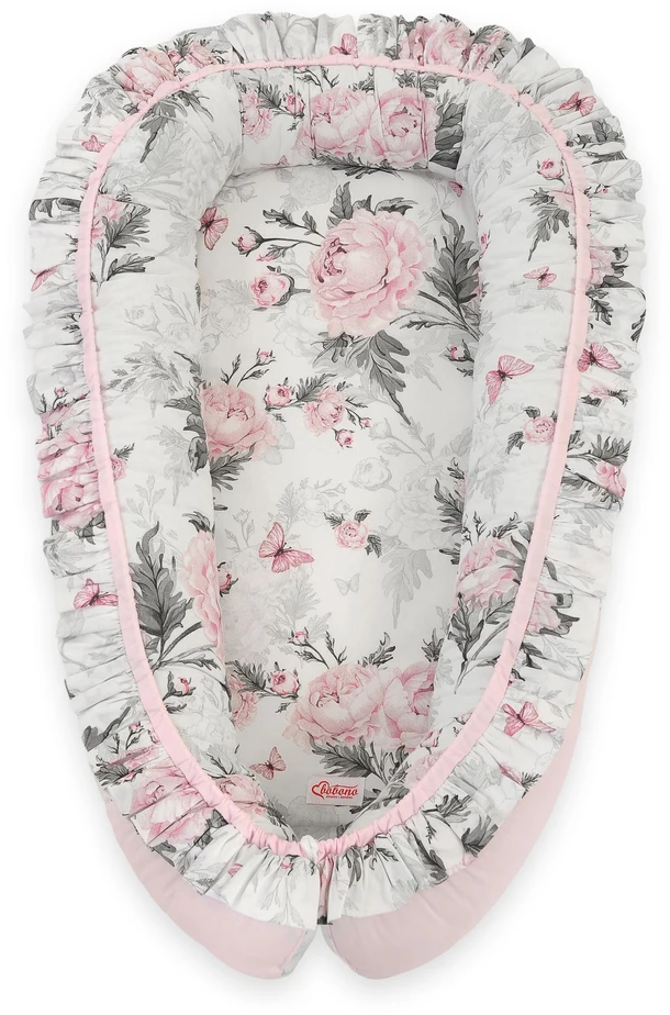 Bobono Kūdikio lizdas su raukiniais rožinis gėlėtas medvilninis miegui – Romantic Peonies