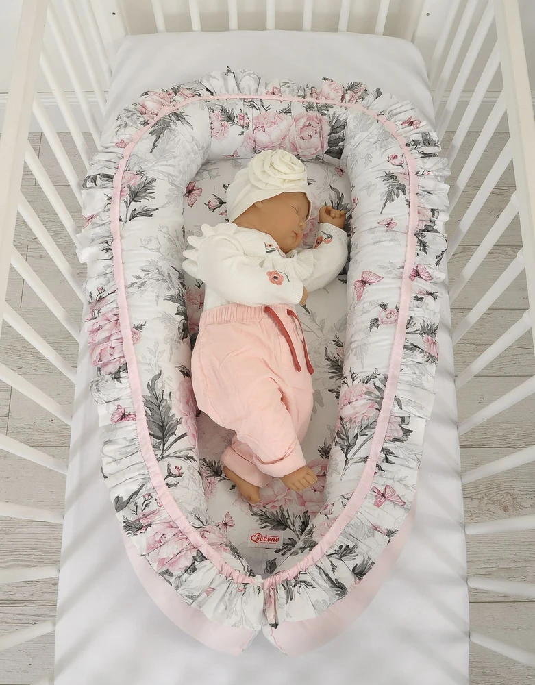 Bobono Kūdikio lizdas su raukiniais rožinis gėlėtas medvilninis miegui – Romantic Peonies