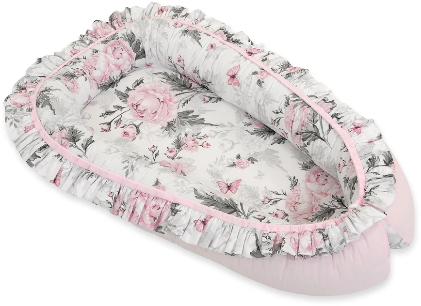 Bobono Kūdikio lizdas su raukiniais rožinis gėlėtas medvilninis miegui – Romantic Peonies