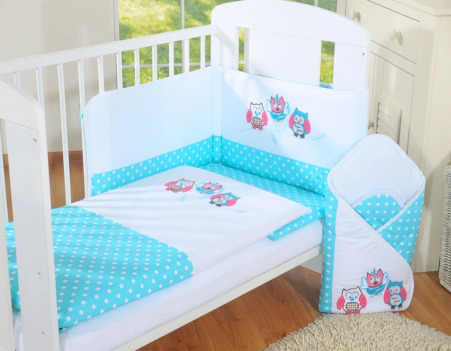 Kūdikio patalynės komplektas su apsauga 120x90 cm, žydras su pelėdomis – My Sweet Baby