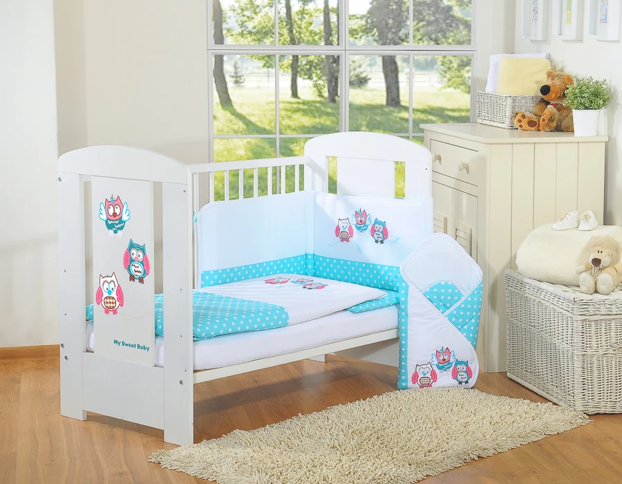 Kūdikio patalynės komplektas su apsauga 120x90 cm, žydras su pelėdomis – My Sweet Baby