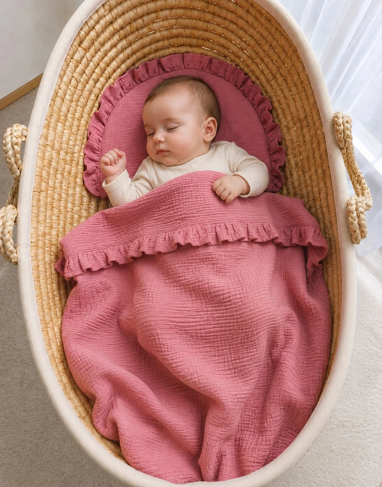 Kūdikių patalynės komplektas My Sweet Baby MUSLIN su raukiniais, rožinis