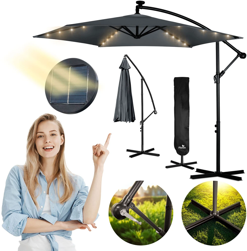 Sulankstomas sodo skėtis, 6 dalių, 350 cm, su dangčiu ir šviesomis, „Plonos PL-882“