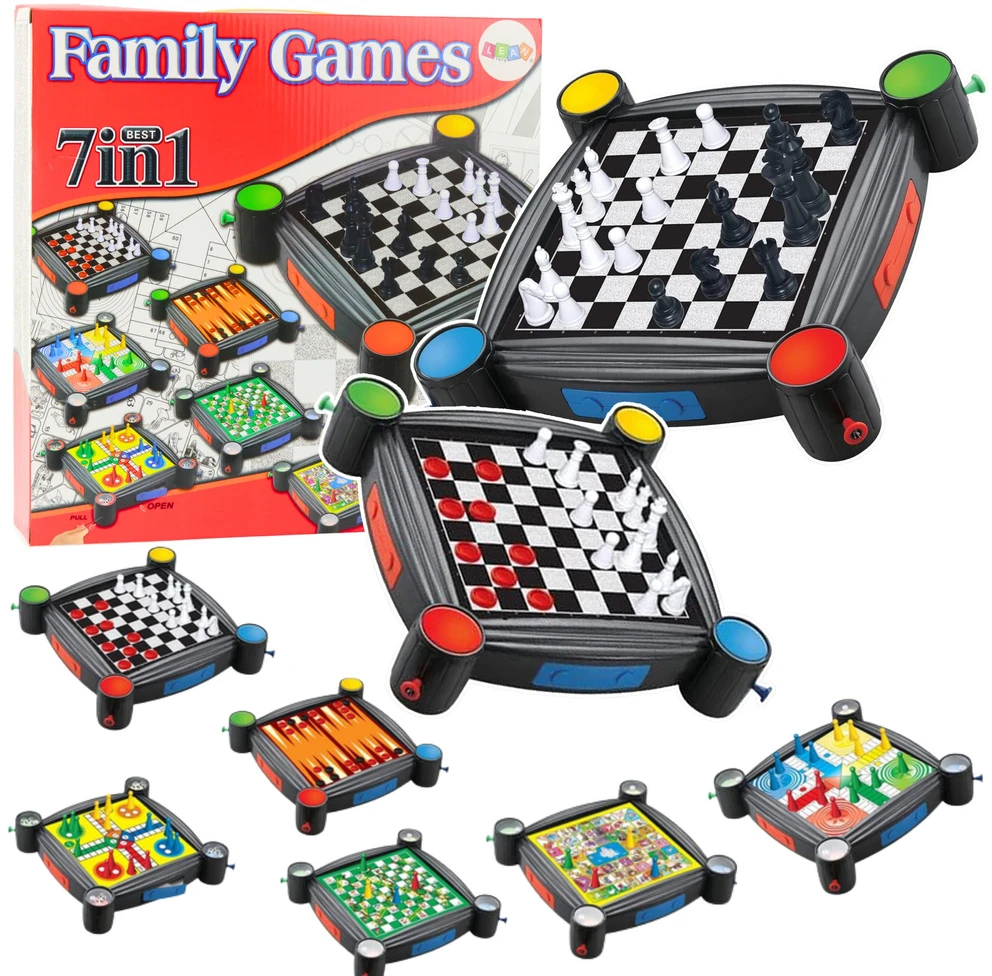 Lean Toys Stalo žaidimų rinkinys 7in1 su šachmatais, šaškėmis ir backgammon