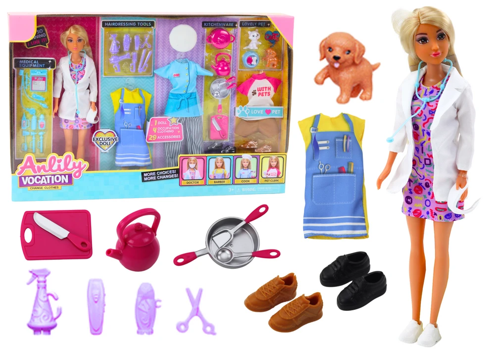 Lean Toys Lėlė Anlily su priedais: gydytoja, kirpykla, virėja