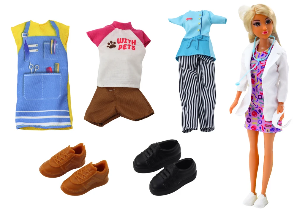 Lean Toys Lėlė Anlily su priedais: gydytoja, kirpykla, virėja