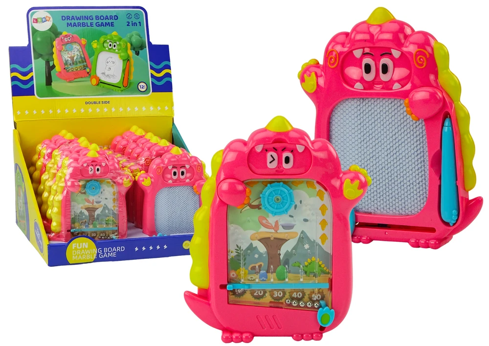 Lean Toys Dvipusė kišeninė piešimo lenta su žaidimu - rožinis dinozauras